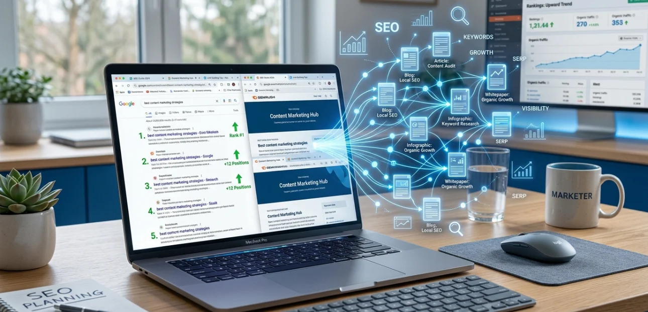 Blogging strategy for SEO in 2026 showing content growth, authority, and increased search visibility