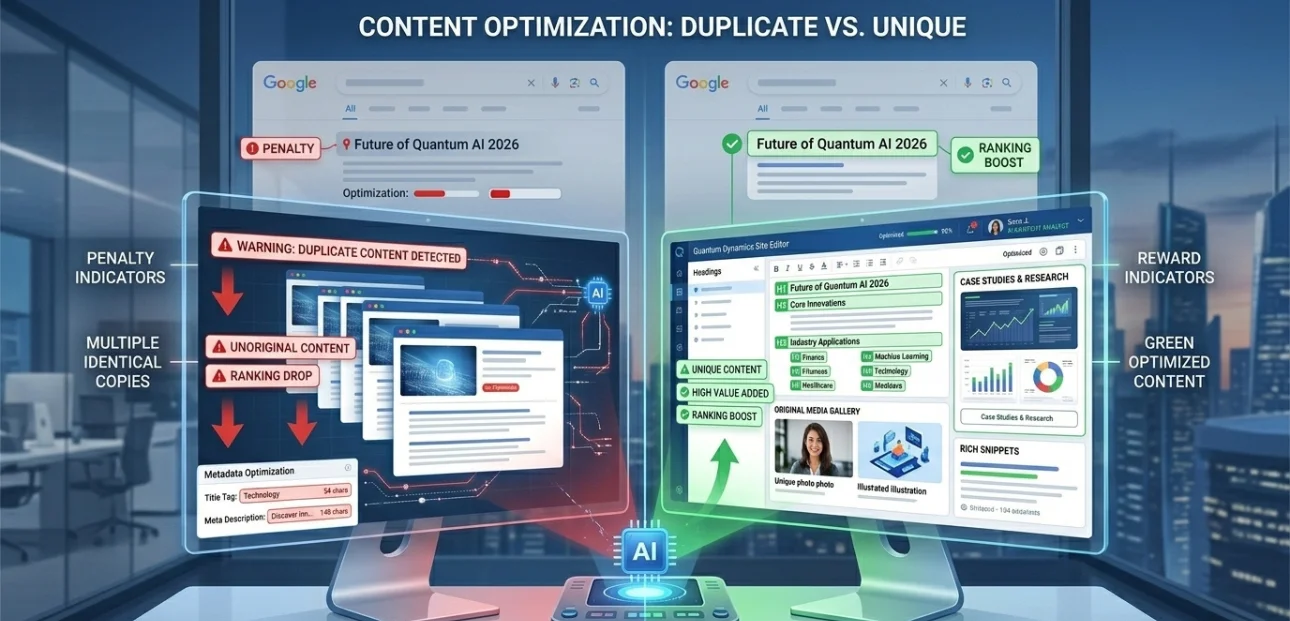 Illustration showing duplicate website content warning vs unique content SEO strategy improving Google rankings in 2026 algorithm